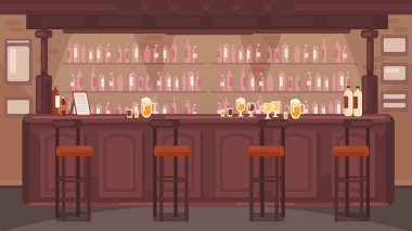  Barın iç kısmı. Alkollü içkiler olan bir bar. İnsan yok. Retro ahşap masa. Retro tarzı arka plan. Kahverengi ahşap bar. 