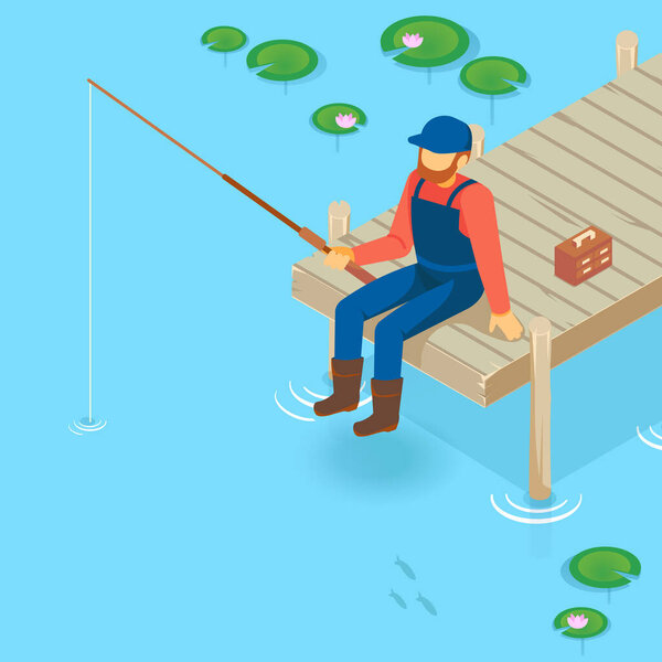 Isometric vector vacation on the lake. Pier on the lake, river, pond. Fisherman fishing on the pier. A man with a fishing rod sitting on the pier.