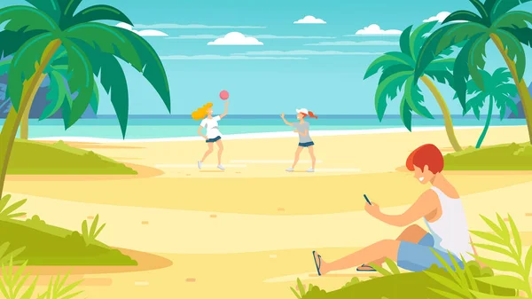 熱帯砂の背景 海を見下ろすビーチ ビーチでリラックスしている若者 女性はバレーボールをする 男は電話を調べる — ストックベクタ