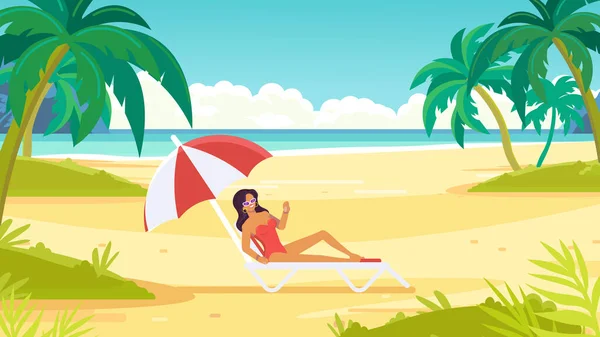 熱帯砂の背景 海を見下ろすビーチ 女はラウンジャーで日光浴 — ストックベクタ