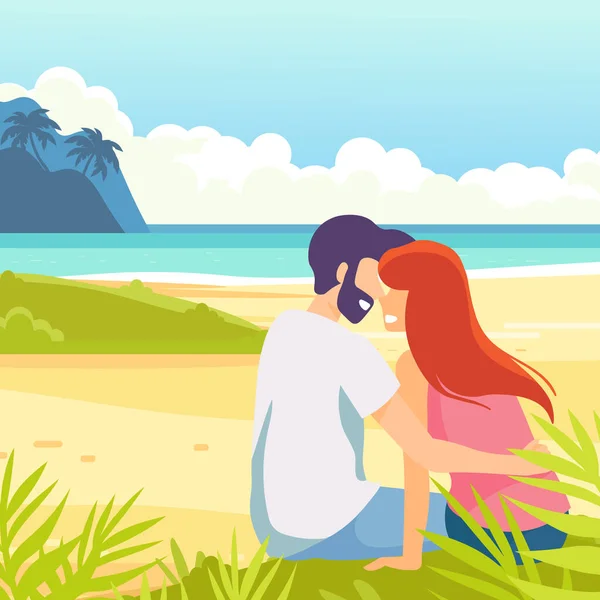 熱帯砂の背景 海を見下ろすビーチ 海岸のカップル 幸せな家族だ 愛のキス — ストックベクタ