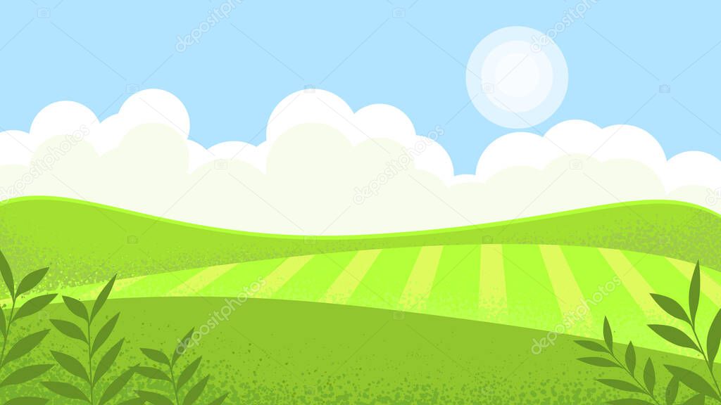 Landscape sunny meadow, green hills, agricultural pastures. Good ecology. Rustic expanses.