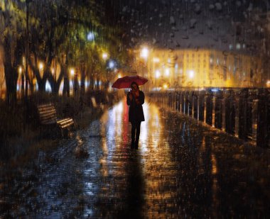 Gece City şemsiye ile yürüyen kadın
