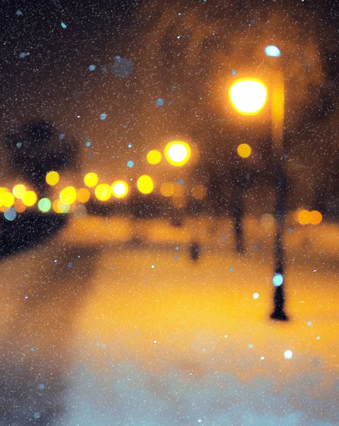 Imagem Turva Parque Queda Neve Com Luzes — Fotografia de Stock