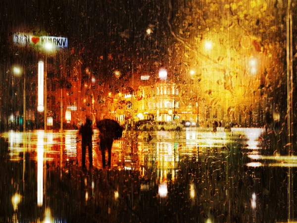 Couple Umbrella Standing City Street Rain — Stock Photo, Image