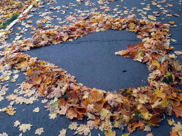 Heart from autumn maple leaves at the asphalt