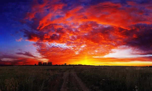Solnedgång Över Fältet Färgglada Blå Och Röda Panorama — Stockfoto