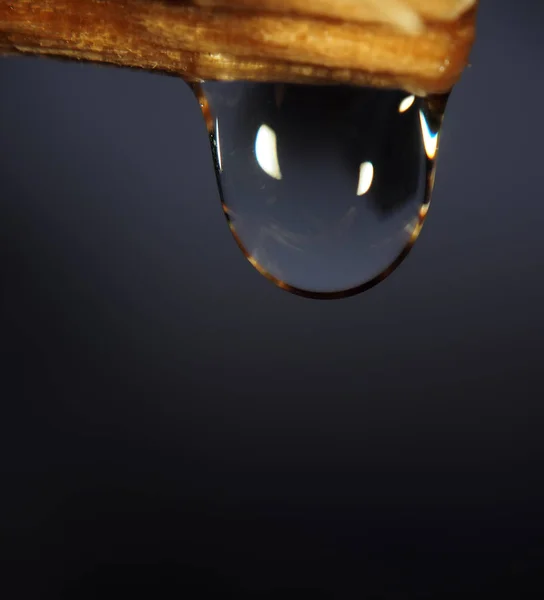 Water Drop Falling Yellow Wood Lights Macro — Stock Photo, Image