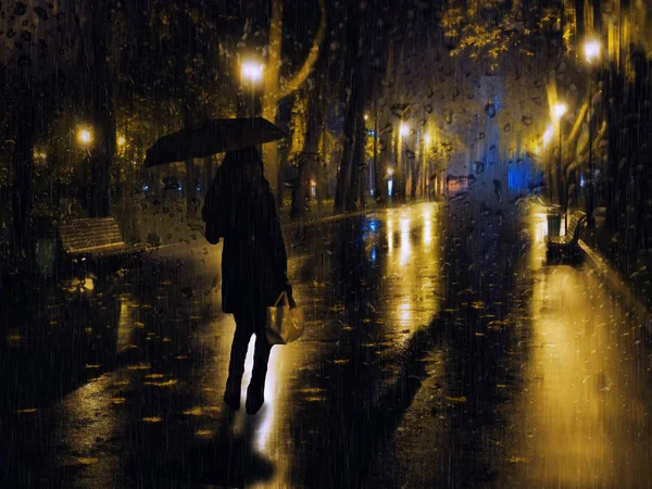 Meisje Stadslichten Nacht Tijdens Regen Avond — Stockfoto