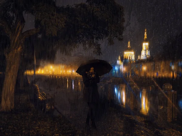 Vrouw Lopen Bij Nacht City Met Paraplu — Stockfoto