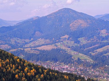 Güneşli bir gün dağ köyünde Carpatian