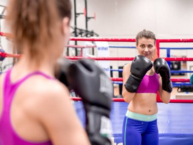 Genç model kız spor salonunda aynanın önünde egzersiz yapıyor. 