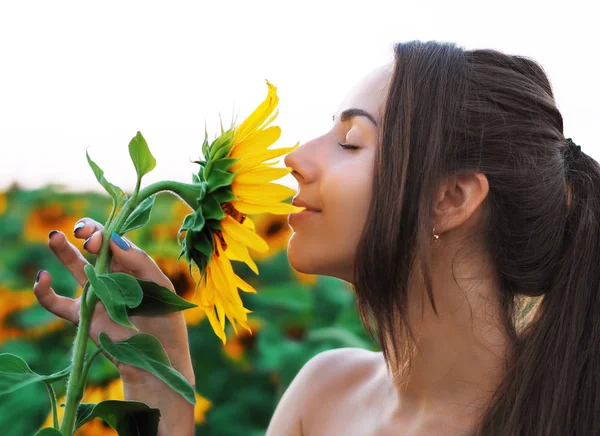 Jovencita en el retrato de girasoles olfateándolo —  Fotos de Stock