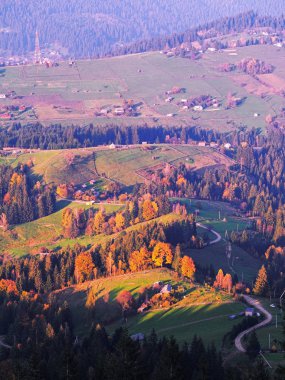 Güneşli bir gün dağ köyünde Carpatian
