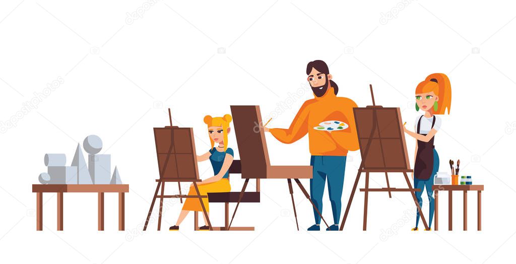 Isolated on white background characters drawing still life with easel. Adult painting at workshop for adults. Vector flat illustration.