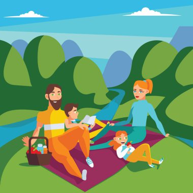 Aile piknik üzerinde. Tepeler ve nehir, Anne, Baba, okuma oğlu ve kızı yeme elma ile yaz sahne. Kare vektör çizim.