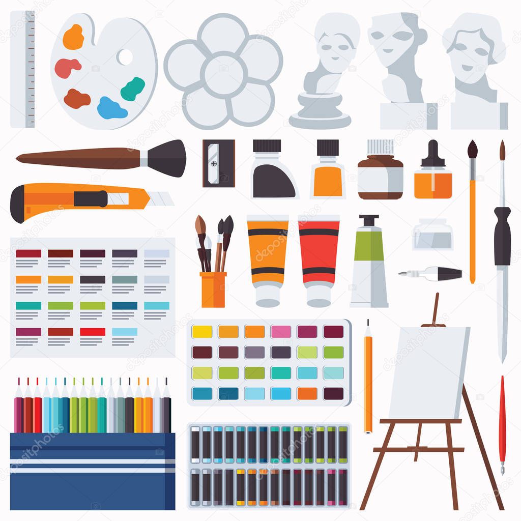 Vector flat set with fine artist stationery. Watercolor, tempera, easel, palette, color pencils, gypsum head and other accessories for art studio and drawing. Collection with artist supplies.