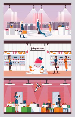 Kadın parfüm, Ayakkabı ve çanta ve giysi butik iç kavramı. Düz vektör çizim Ürünler Seçme kız ile. İç alıcılar ve güzel öğün ile mağazası satmak