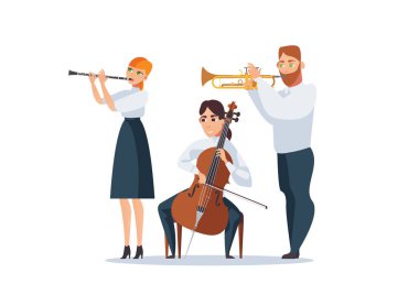 Müzik aletleri çello, flüt, trompet oynayanlar beyaz grup üzerinde izole vektör. Güzel insanlar klasik müzik çalma.