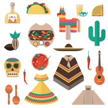 Meksika Tema - shot tekila ve şişe, gitar, piñata, panço ve fötr şapka olarak etnik giysiler ile vektör düz ayarla.