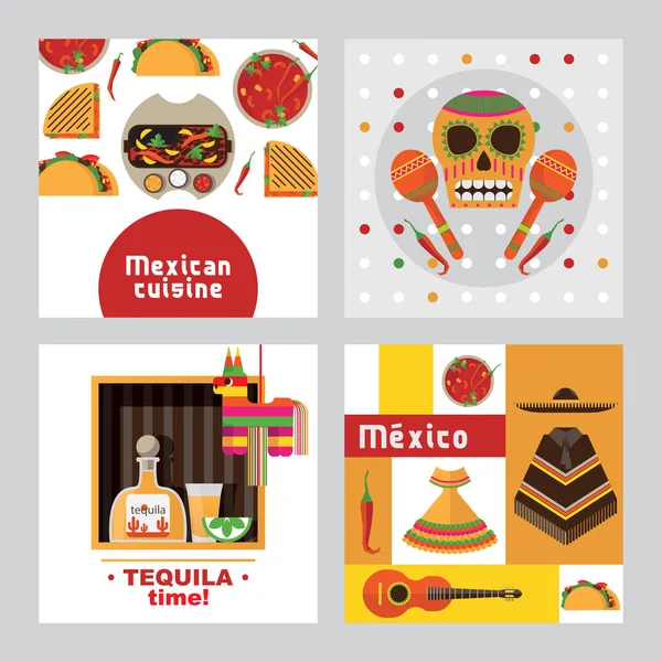 Plantillas Tarjetas Cuadradas Dedicadas México Decoradas Con Tacos Tequila Sculls — Archivo Imágenes Vectoriales