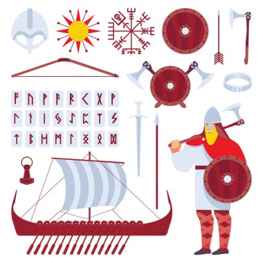 Viking karakter ve Ortaçağ tarihi longship, çimenlik, kask, runes, aksesuarlar, kültürel simgeleri ile ayarlayın. Beyaz koleksiyonu izole vektör.