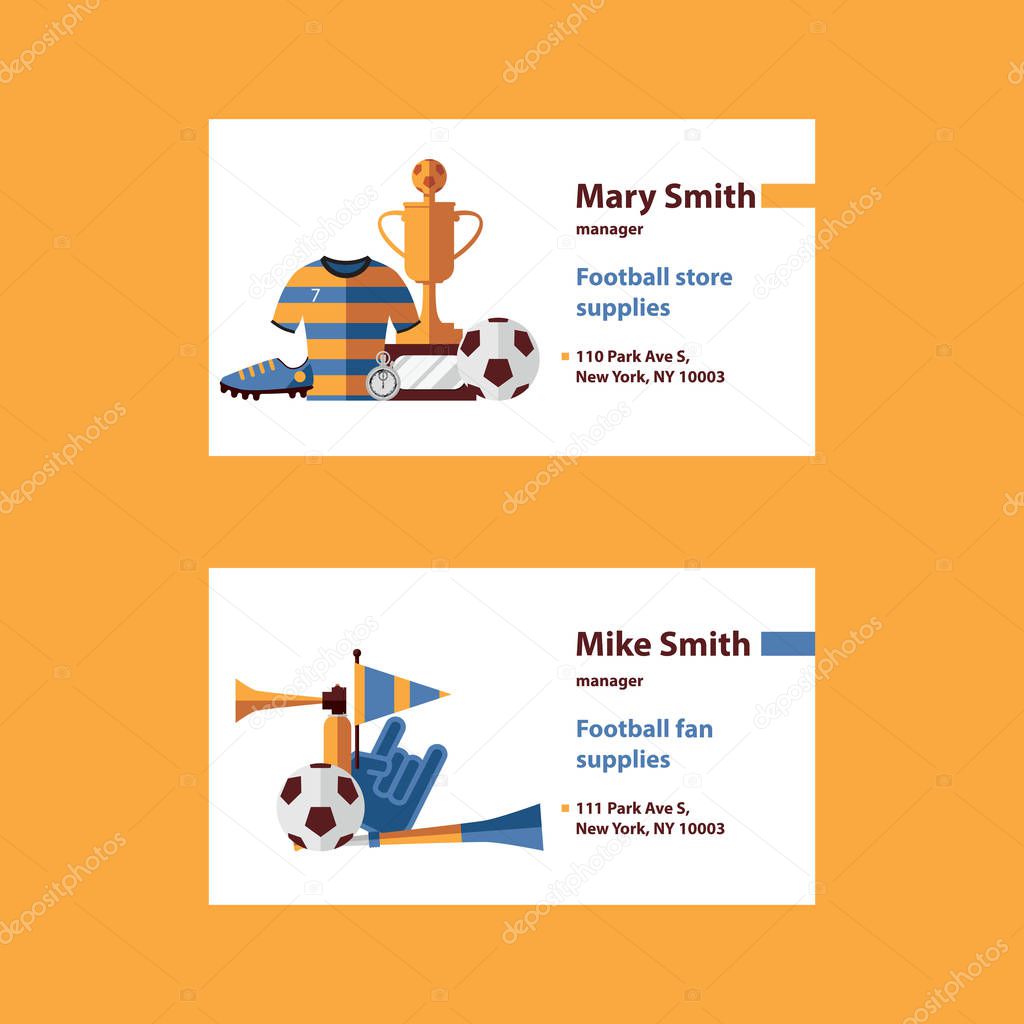 Vector set with football business cards template desorated with soccer suplies as ball, cup, boots, sports wear and fan accessories like cheerleader glove, vuvuzela, flag on white background.