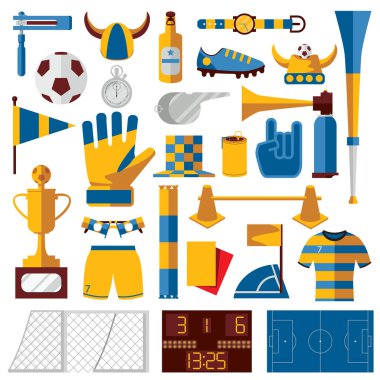 Vektör futbol takımı ile eğitim, fan ve futbol nesneleri, üzerinde beyaz izole çalmaya. Parlak kümesi takım spor tasarım için iyi.