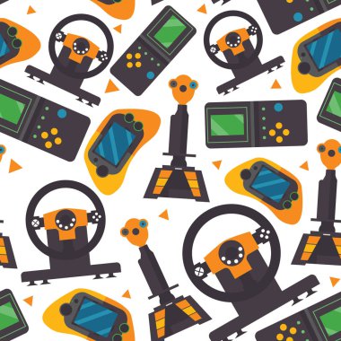 Gamepads, pc denetleyicileri ve video beyaz arka plan üzerinde oynarken oyun için joystick ile Seamless modeli. Oyuncu ve oyun için tasarım tekrar.