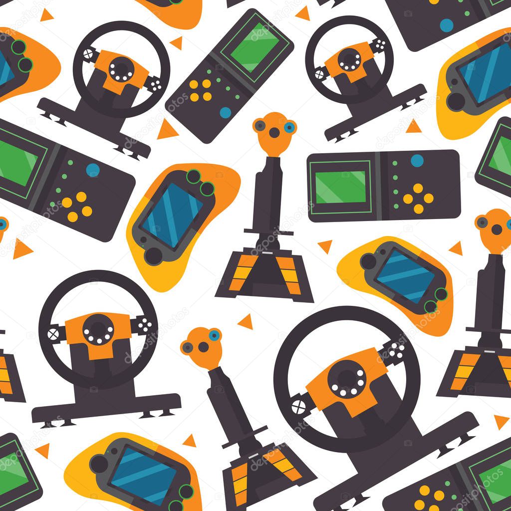 Seamless pattern with gamepads, pc controllers and joystick for video game playing on white background. Repeat design for players and gaming.