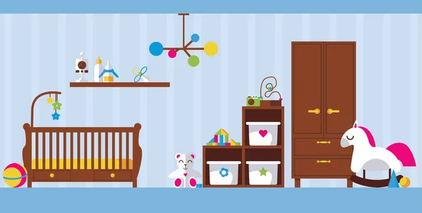 Векторная Плоская Иллюстрация Интерьера Детской Комнатой Новорожденных Детская Кровать Игрушки — стоковый вектор