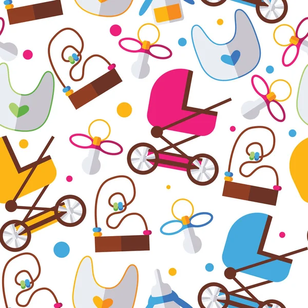 Seamless pattern with bright kids toys, pram, nipple and bib on white background. Bold colors, dots.