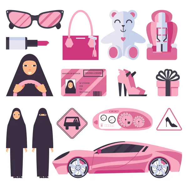 Otomatik Sürüş Için Izniniz Arap Müslüman Kadınlar Bayan Nikab Hijab — Stok Vektör
