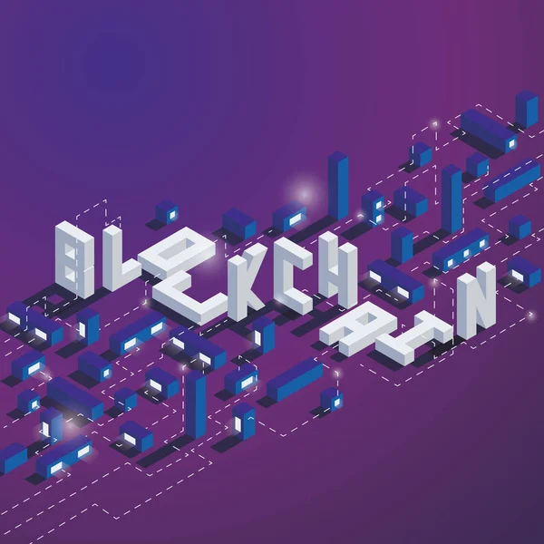 İzometrik kelime blockchain ile koyu mor ve mavi arka plan ve aydınlatma saatlerle kare illüstrasyon.