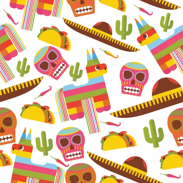Patrón Sin Costuras Con Piñata Sombrero Sombrero Scull Taco Cactus — Archivo Imágenes Vectoriales