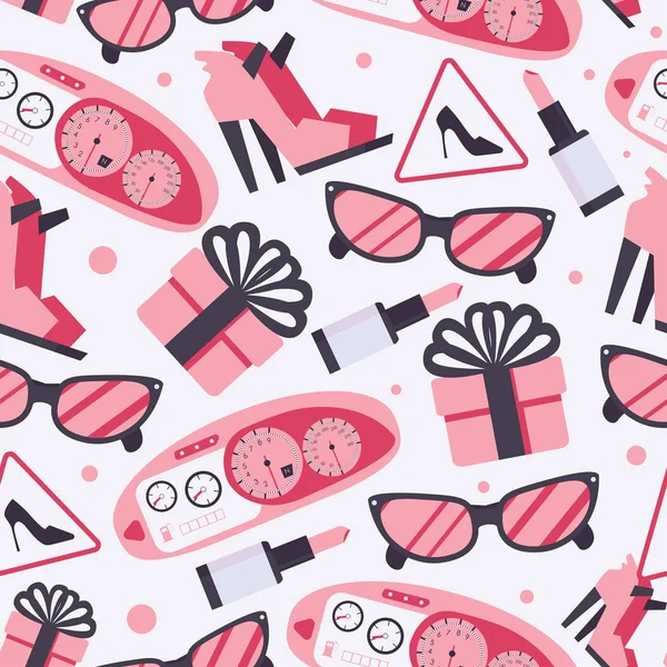 Pembe kadın mal ile Seamless modeli tarihlerde suglasses, ruj, Ayakkabı, Hediyelik, araba kontrol paneli, açık renkli üzerinde hız göstergesi.