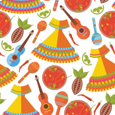 Dikişsiz desen beyaz arka plan üzerinde. Meksika geleneksel elbise ve yiyecek, müzik aletleri.