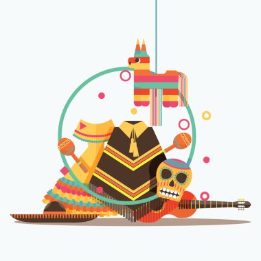 Fötr şapka, gitar, piñata, kürek, panço ve Marakas gibi Meksika mal ile beyaz kompozisyon üzerinde izole vektör.