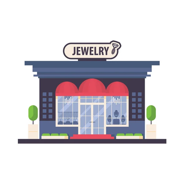 Vektör mağaza önünde moda kadın butik mücevher. Kırmızı tenteler ve taşlar, kolye ve gerdanlık penceresinde siluetleri ile düz cephe. — Stok Vektör