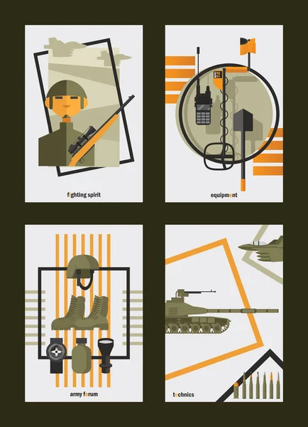 Conjunto de vectores con plantillas de diseño de tarjetas planas del ejército sobre armadura, soldado y celebración de la victoria — Vector de stock