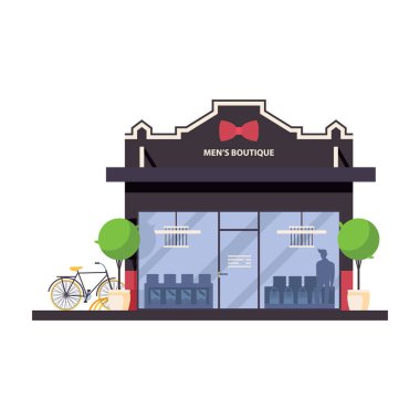 Erkekler butik mağaza önünde. Ürünler siluetleri, yeşillik ve bisiklet ile düz kavramı