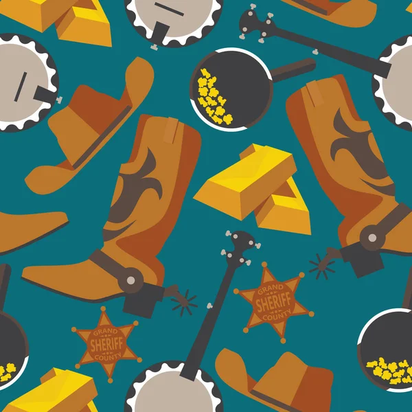 Wild west objects for gold rush or cowboy in seamless pattern on blue background. Flat wrangler boots, gold bar, puncher hat, banjo. — Stock Vector