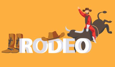 Rodeo yazı kavramı. Boğa, bot ve sarı zemin üzerine şapka kovboy