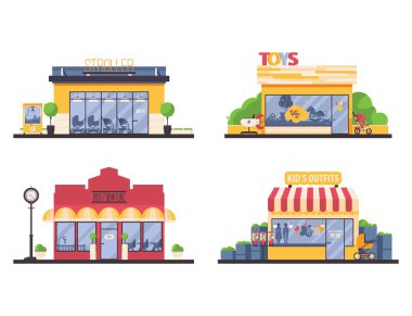 Çocuklar mağaza açık koleksiyonu alışveriş. Aileler ve çocuklar için mağazaları ile ayarla vektör düz tarihlerde mobilya butik, giyim, oyuncak, Bebek arabası. Küçük yerel işletme binaları.