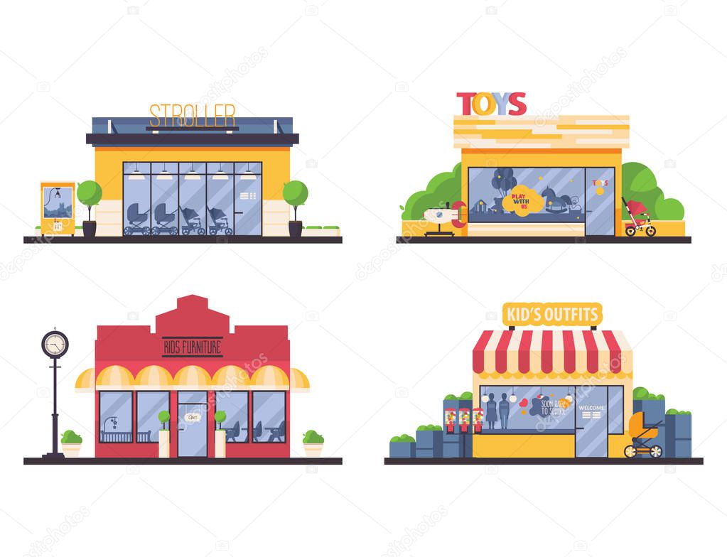 Kids shop store front collection. Vector flat set with shops for families and kids like furniture boutique, clothes, toys, stroller. Small local business buildings.