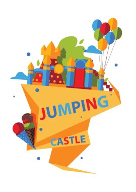 Bouncy kale tasarım baloons ve üzerinde beyaz izole dondurma ile. Kale atlama kelimelerle sarı şerit.