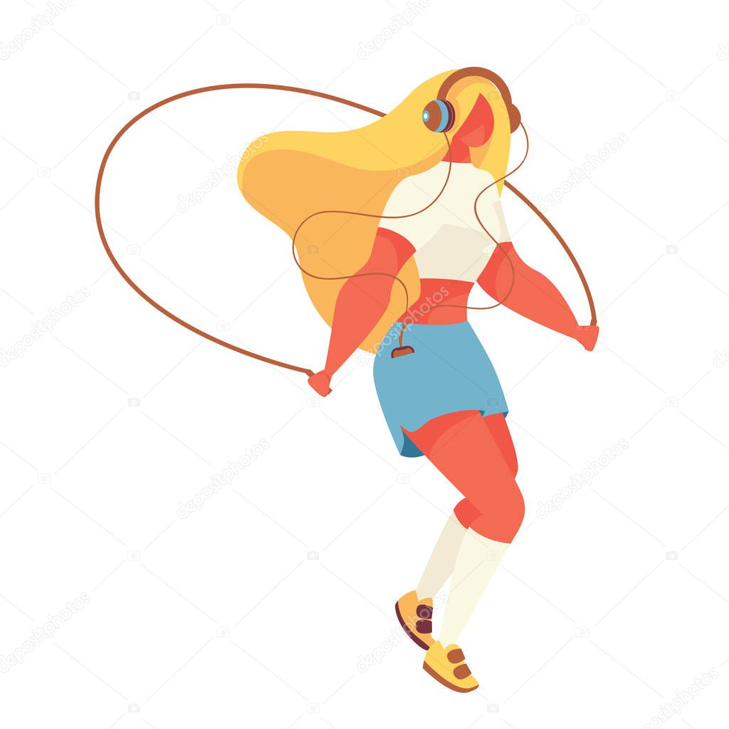 Isolated on white sport young woman jumping with skipping rope. Flat oversized girl in modern shapes and colors. Bright character with headphones and waving blonde hair. Vector illustration.