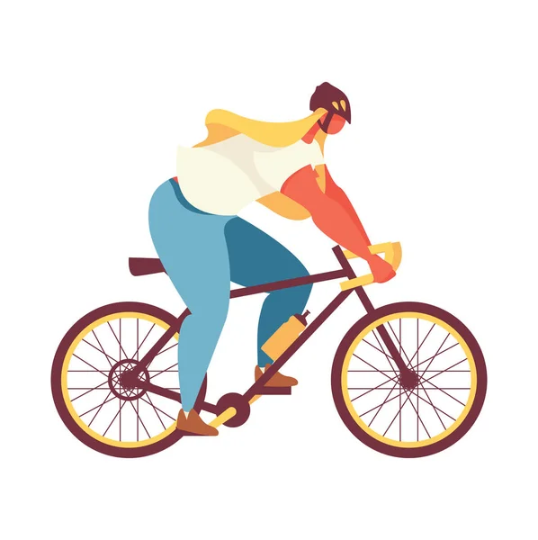 白で隔離自転車に乗ってフラット明るい若い女性 特大の女の子キャラとベクトル概念図 — ストックベクタ