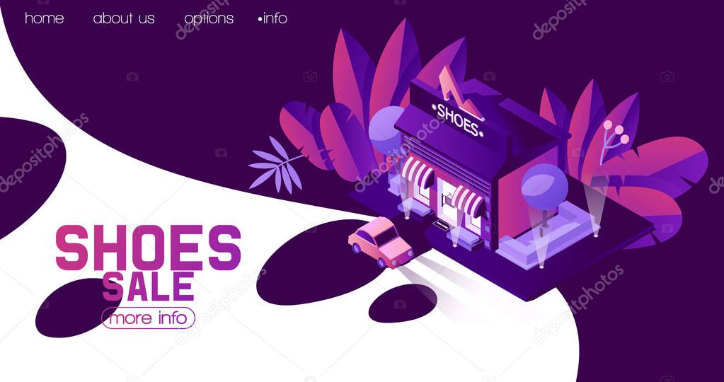 Concept of landing page for shoes shop. Fashion isometric illustation in vivid purplr colors. 3d isometry style and various greenery, white space for text