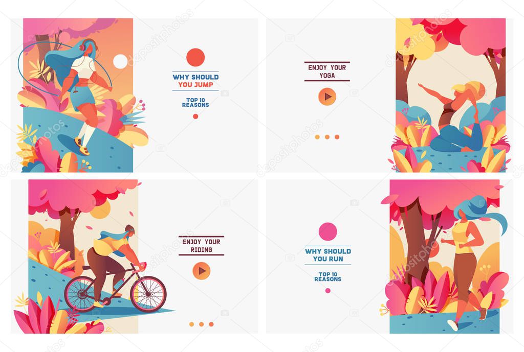 Set of pastel bright banners with sport girls in gradient flat style. Healthy and wellness lifestyle. Young people doing yoga, jogging, jumping with rope and riding bycicle. Design good for web.